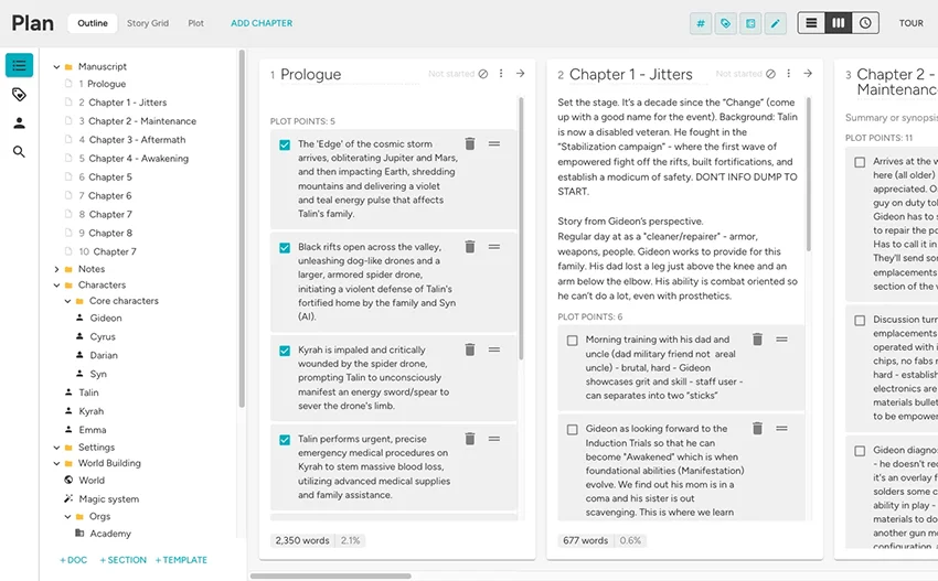 The plan grid in WritingHabit, with a beat and a word budget on every chapter